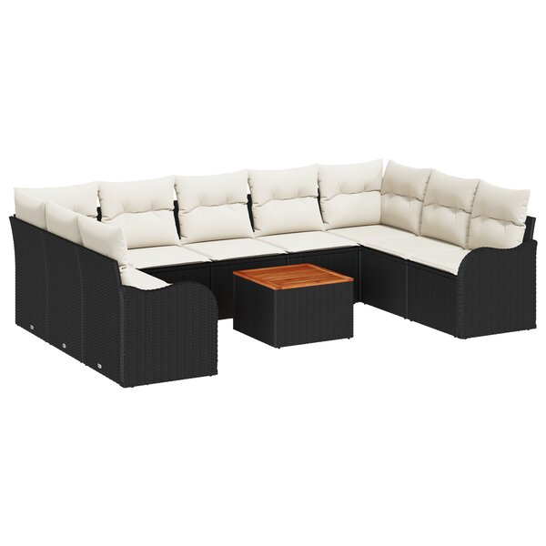 Ensemble de Canapé de Jardin 10 Pièces avec Coussins Noir Poly Rattan Acacia