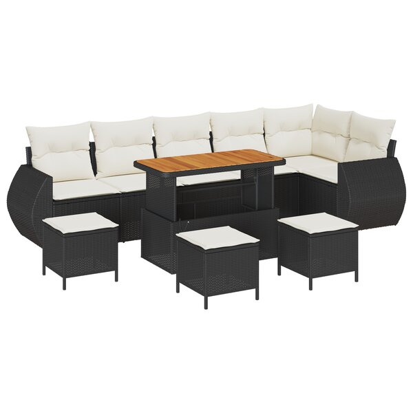 Ensemble de Canapé de Jardin 10 Pièces avec Coussins Noir Poly Rattan Acacia