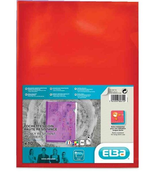 Lot de 10 Pochettes coin A4 (21x29,7 cm) PVC150 Lisse Ultra Resistante Rouge ELBA