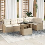 vidaXL Ensemble de canapés de jardin 7 pièces avec coussins en Beige en Poly Rotin