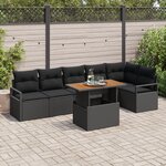 Ensemble de canapés de jardin 7 pièces avec coussins noir en poly rattan