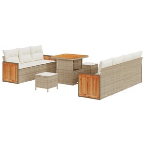 Canapé de jardin 10 pièces avec coussins poly rotin beige et acacia