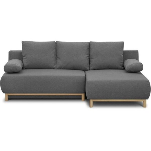 Canapé d'angle droit convertible MIKA 3 places - Tissu gris clair - Coffre de rangement - 218 x 98/145 x 84 cm