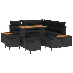 Ensemble de canapé de jardin 9 pièces avec coussins en rotin poly noir Acacia