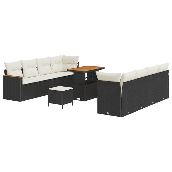 Ensemble de canapé jardin 11 pièces avec coussins noir poly rattan acacia