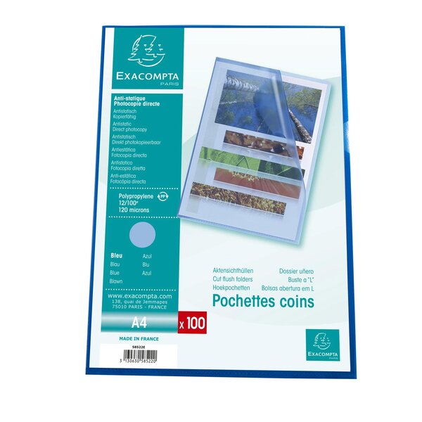 Sachet 100 Pochettes Polypropylène Grainé 12/100e - A4 - Bleu - X 10 - Exacompta