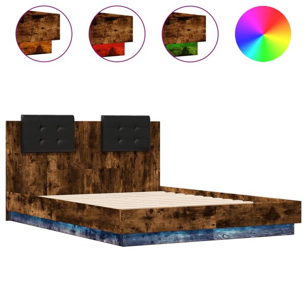 vidaXL Cadre de lit tête de lit et lumières LED chêne fumé 120x190 cm