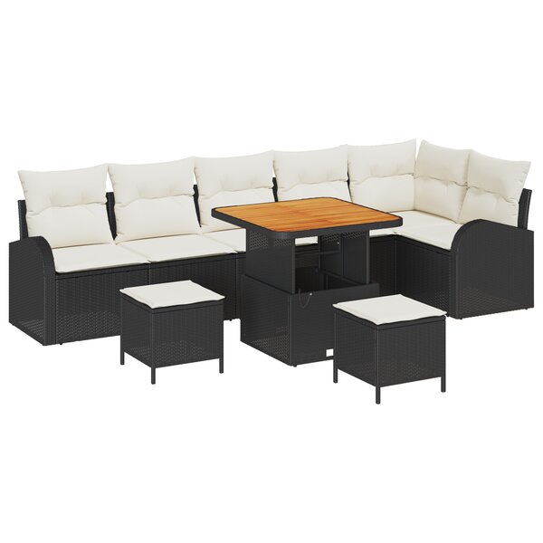 Canapé de Jardin 9 Pièces avec Coussins Noir Poly Rattan Acacia