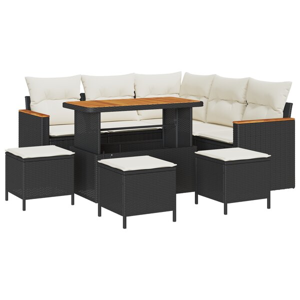 Ensemble de Canapés de Jardin 9 Pièces avec Coussins Noir Rattan Poly Acacia