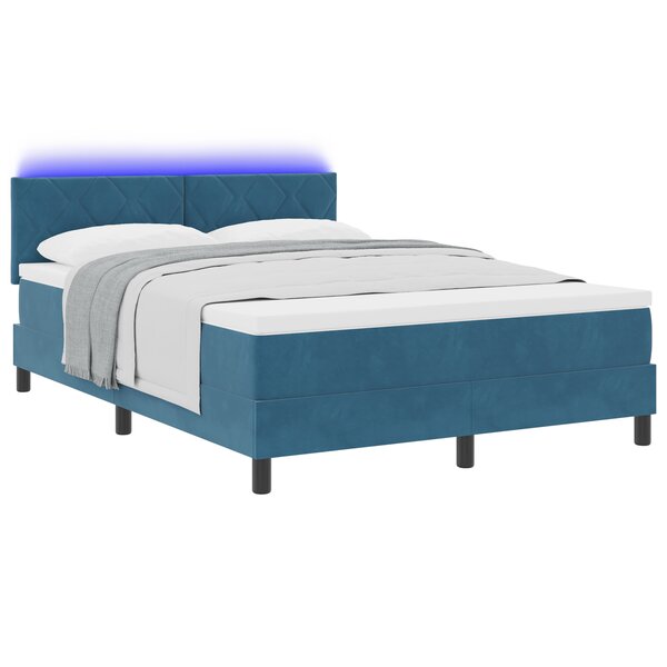 Lit Box Spring vidaXL avec Matelas & LED Bleu Foncé 140x200 cm Velours
