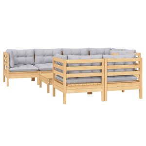 Salon de jardin meuble d'extérieur ensemble de mobilier 8 pièces avec coussins gris bois de pin massif 02_0017578