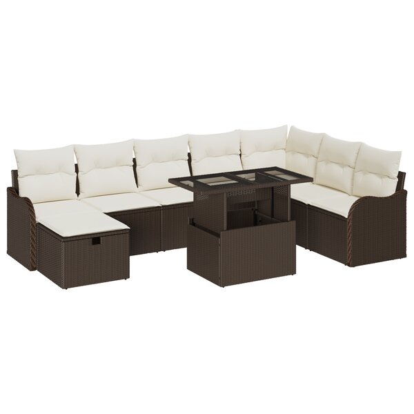 Canapé de jardin 9 pièces avec coussins marron en poly rotin