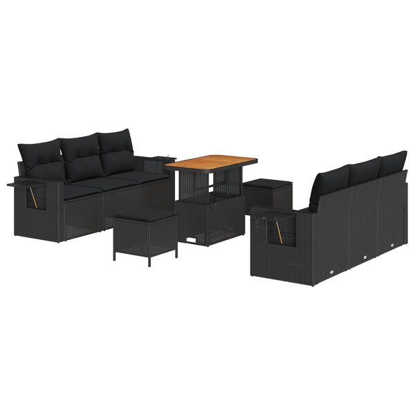 Ensemble de Canapés de Jardin de 9 Pièces avec Coussins en Rattan Poly Noir Acacia