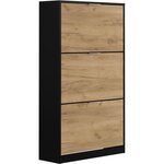 Meuble à chaussure 3 portes décor chêne et noir 75 x 25 x 128 cm