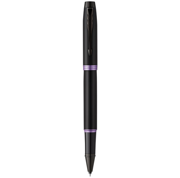 Stylo roller Parker IM Vibrant Rings  Satin noir laqué  attributs violet améthyste  recharge noire pointe fine  Coffret cadeau