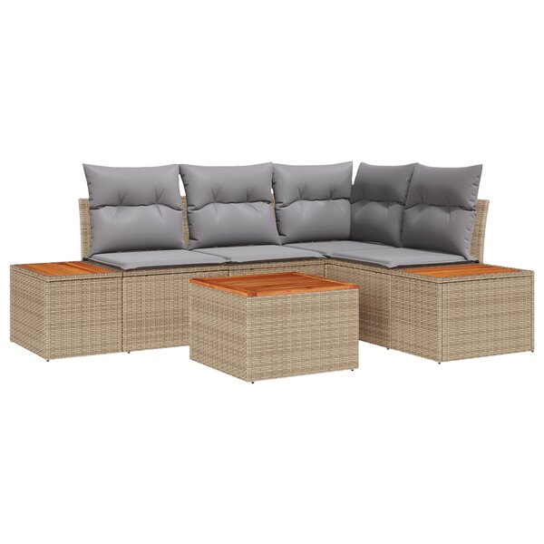 vidaXL Ensemble de Canapé de Jardin 5 Pièces avec Coussins Beige Poly Rotin Acacia