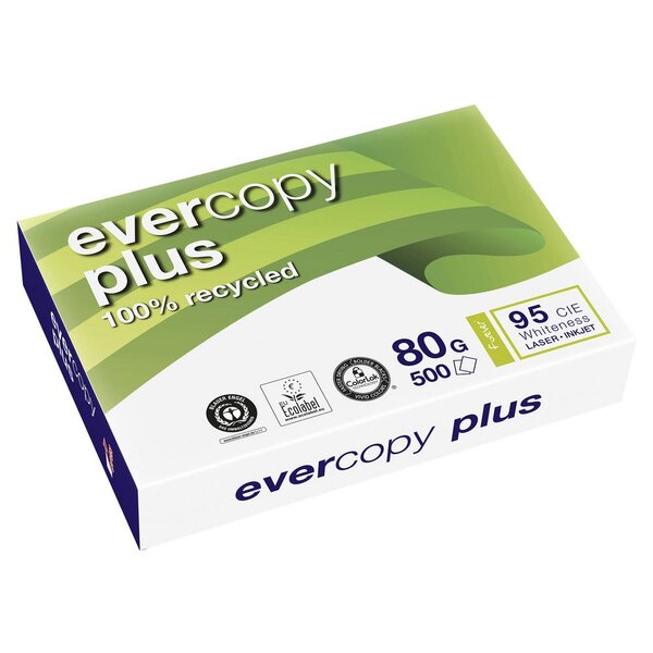 Papier A4 blanc 80g Evercopy Plus 100% recyclé - Ramette de 500 feuilles (boîte 5 x 500 feuilles)