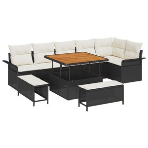 Ensemble de Canapés de Jardin de 9 Pièces avec Coussins Noir Rattan Synthétique Acacia
