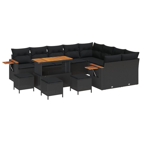 vidaXL Ensemble de Canapés de Jardin 13 Pièces avec Coussins Noir Rattan Poly Acacia