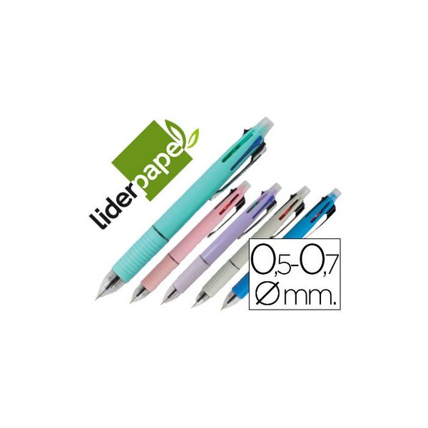 Stylo-bille 5 en 1 pointe 0.5mm trait 0.7mm rétractable 4 couleurs porte-mine 0.5mm gomme LIDERPAPEL
