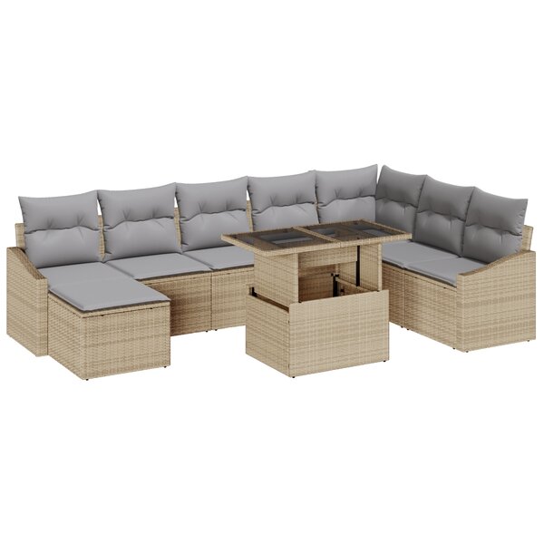 vidaXL Ensemble de canapé de jardin 9 pièces avec coussins Beige en poly rotin
