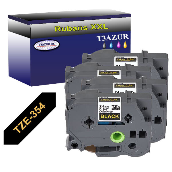 4 x Rubans d'étiquettes laminées générique Brother Tze-354 pour étiqueteuses P-touch - Texte doré sur fond noir - T3AZUR