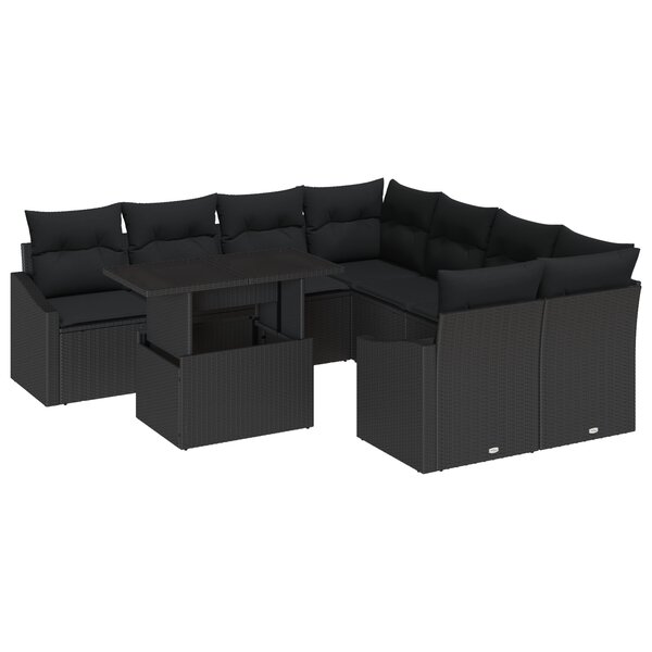 vidaXL Ensemble de canapé de jardin 9 pièces avec coussins Noir Poly Rattan