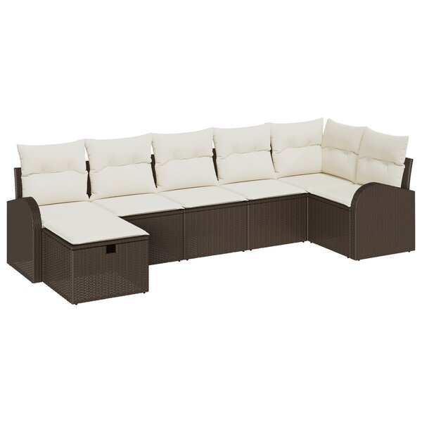 Ensemble de Canapé de Jardin 7 Pièces avec Coussins Marron Poly Rattan