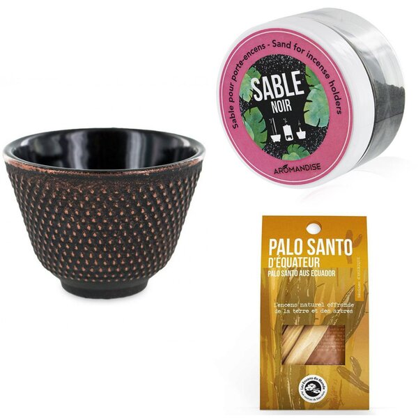 Porte-encens coupelle Noir et Doré + Sable noir + Bâtonnets Palo Santo