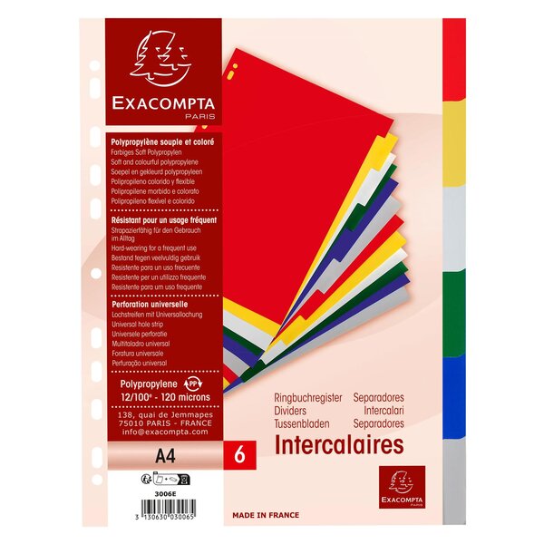 Intercalaires Polypropylène Souple 6 Positions - A4 - Couleurs Assorties - X 100 - Exacompta