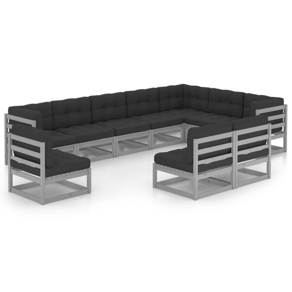 vidaXL Salon de jardin 10 Pièces avec coussins Gris Bois de pin massif