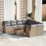 Ensemble de canapé de jardin 9 pièces avec coussins Beige Poly Rattan Acacia