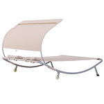 Bain de soleil 2 places lit de jardin design contemporain toit réglable 2 roulettes 2 oreillers acier époxy polyester sable