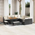 Set de canapé de jardin de 13 pièces avec coussins en poly rotin noir et acacia