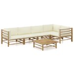 vidaXL Salon de jardin 6 Pièces avec coussins blanc crème bambou