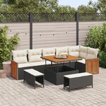 Ensemble de Canapé de Jardin 9 pièces avec Coussins Noir Poly Rattan Acacia