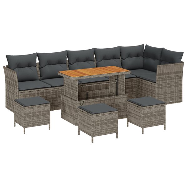Ensemble de Canapé de Jardin 10 pièces avec coussins Gris Rotin Poly Acacia