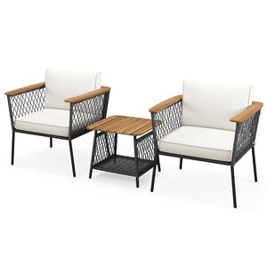 Ensemble 3 pièces salon en rotin avec table basse à 2 niveaux accoudoirs et plateau de table en bois d'acacia coussins de siège blanc 20_0008437