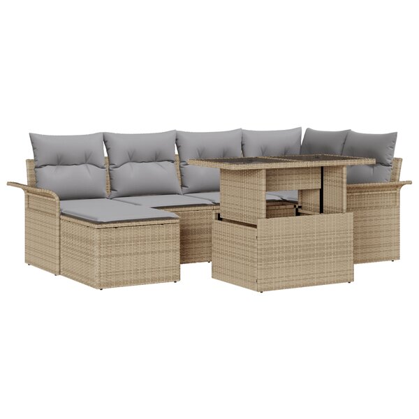 vidaXL Ensemble de canapé de jardin 7 pièces avec coussins beige en rotin poly