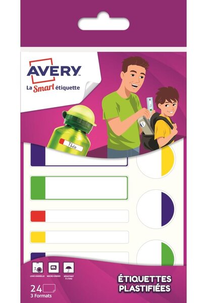 APBAS24 Sachet de 24 étiquettes plastifiées basiques Multicolore AVERY