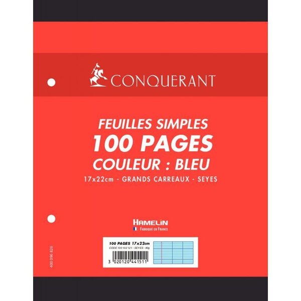 Sachet 50 feuilles perforées seyès 80 g bleu format 17 x 22 cm CONQUERANT