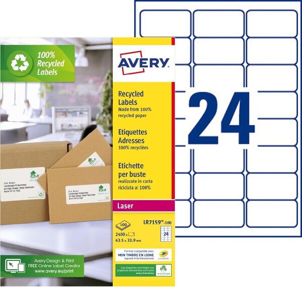 2400 étiquettes recyclées - 33,9 x 63,5 mm - laser - lr7159-100