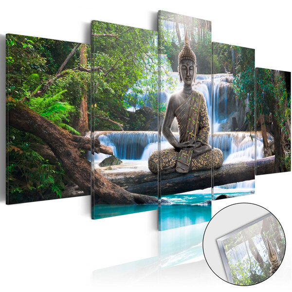 Tableau sur verre acrylique - buddha and waterfall [glass] l x h en cm 200x100