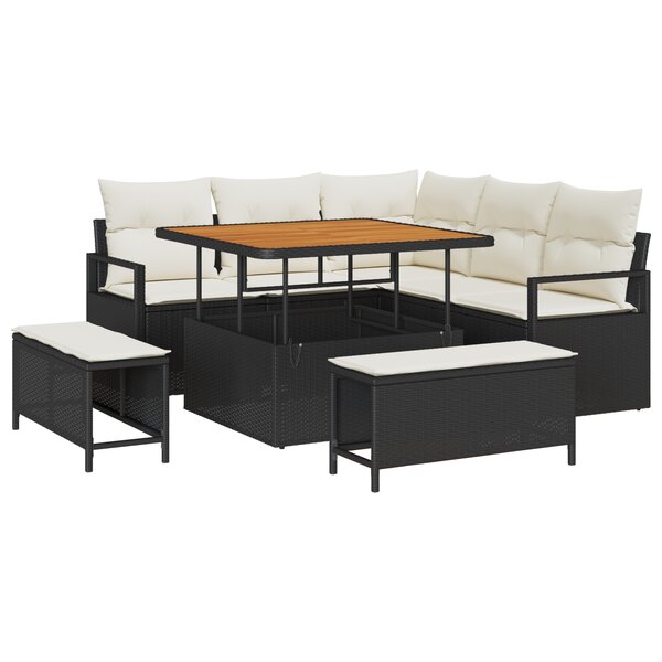Ensemble de Canapé de Jardin de 8 Pièces avec Coussins Noir Poly Rattan Acacia