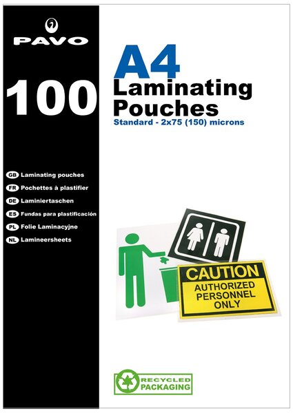 Pack de 100 Pochettes de Plastification A4 150 mic (2 x 75 mic) Brillante PAVO