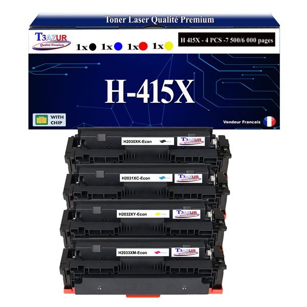 T3AZUR - 4x Toners compatibles avec HP Color LaserJet Enterprise MFP M480 remplace HP W2030X W2031X W2032X W2033X (HP 415X/415A)