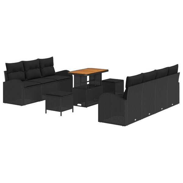 Ensemble de canapés de jardin 10 pièces avec coussins Noir Poly rotin Acacia