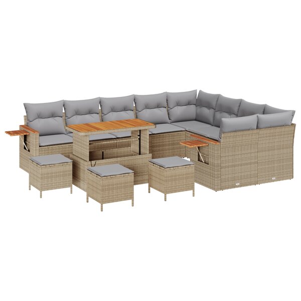 Ensemble de canapé de jardin de 13 pièces avec coussins Beige Poly Rattan Acacia