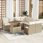 Ensemble de Canapé de Jardin de 9 Pièces avec Coussins Beige Rattan Poly Acacia