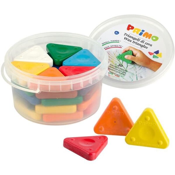 PRIMO 077TRI30 Triangles a la cire pour frottage, extremement durables, super résistants, en pot a 30 pieces, 10 couleurs differénte